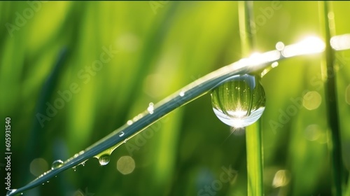 Canvas Print A beautiful large drop of morning dew in the grass sparkles in the rays of sunlight outdoors in nature