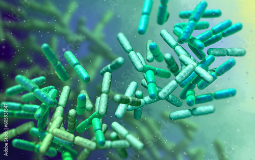 Probiotic beneficial bacteria, normal intestinal microflora, microorganisms used as probiotics, yoghurts, healthy food, Lactobacillus, Bifidobacterium, 3d rendering
