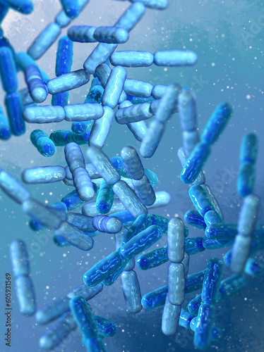 Probiotic beneficial bacteria, normal intestinal microflora, microorganisms used as probiotics, yoghurts, healthy food, Lactobacillus, Bifidobacterium, 3d rendering