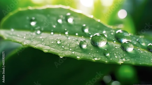 Beautiful water drops after rain on green leaf in sunlight, macro. Many droplets of morning dew outdoor, beautiful round bokeh, selective focus. Amazing artistic image of purity and fresh of nature