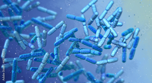 Probiotic beneficial bacteria, normal intestinal microflora, microorganisms used as probiotics, yoghurts, healthy food, Lactobacillus, Bifidobacterium, 3d rendering