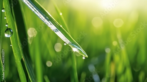 A beautiful large drop of morning dew in the grass sparkles in the rays of sunlight outdoors in nature. A drop of water on a blade of grass and free space for text