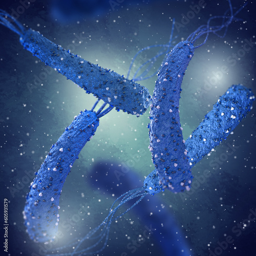 Medical background, lophotrichous bacteria with a monopolar arrangement of a bundle of flagella, representatives of the genus Pseudomonas, most common pathogen, 3D rendering