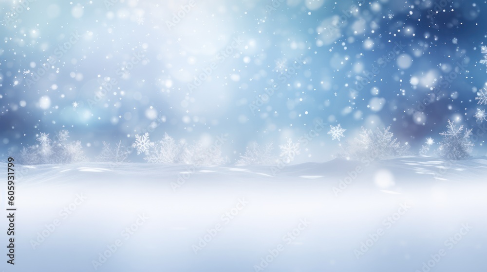 Festive Christmas natural snowy background, abstract empty stage, snow, snowdrift and defocused Christmas lights on light blue background, copy space