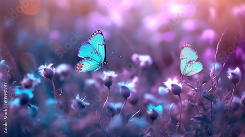 Wild light blue flowers in field and two fluttering butterfly on nature outdoors, close-up macro. Magic artistic image. Toned in blue and purple tones