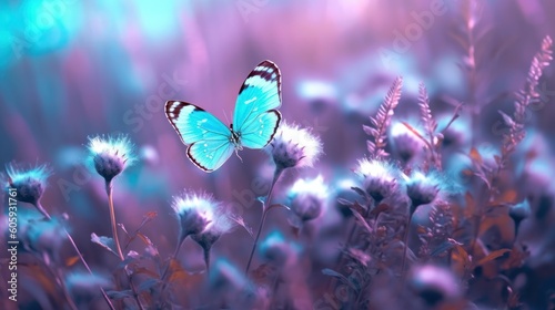 Wild light blue flowers in field and two fluttering butterfly on nature outdoors, close-up macro. Magic artistic image. Toned in blue and purple tones