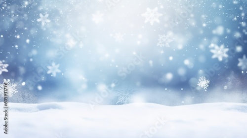 Festive Christmas natural snowy background, abstract empty stage, snow, snowdrift and defocused Christmas lights on light blue background, copy space © Eli Berr