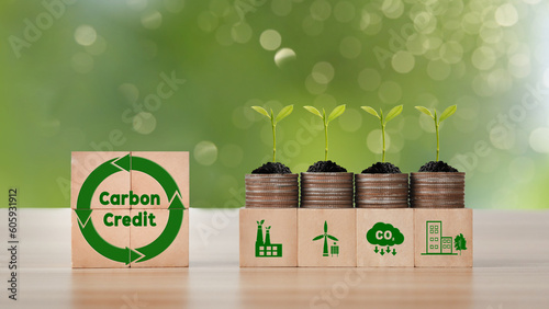 Carbon credit and Carbon neutral balancing CO2 emission offset  concept. Legal regulation to reduce greenhouse gas emission and atmosphere air pollution. Net zero greenhouse gas emissions target. photo