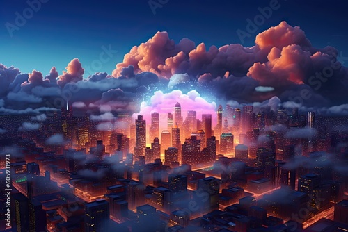 cloud technology 3d animation image in cloud, in the style of neon-lit urban, cityscape background