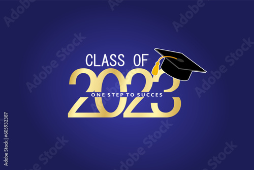Class of 2023 with Graduation Cap. Golden design isolated on dark blue background