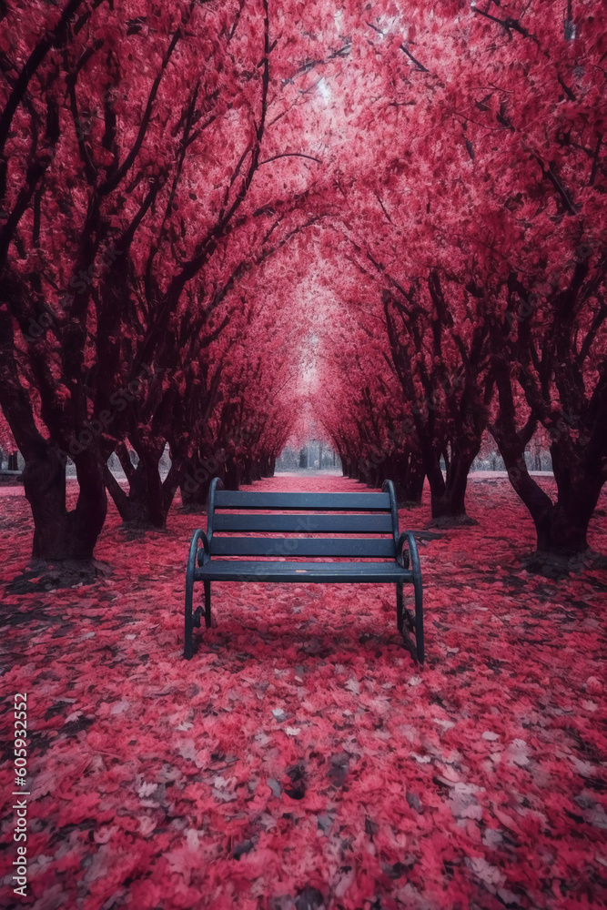 A park bench under some pink leaves surrounded by trees. AI generative