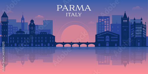 Italy, Parma skyline, city Parma, Regio Emilia. Parma cityscape with famous landmarks, city sights, landscape.