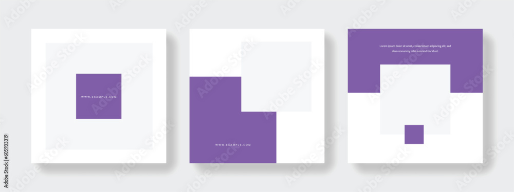 Minimal social media layouts for marketing business, simple editable square templates with clean design, corporate web banners with place for photo and negative space, purple color