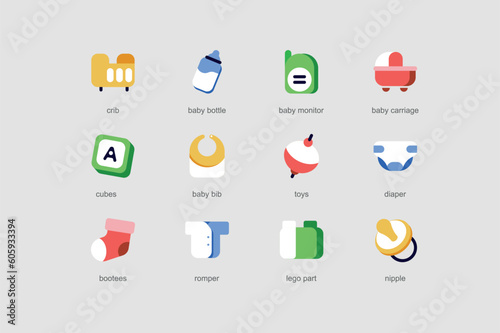 Baby items of web icons set in flat design. Pack of crib, milk bottle, kid monitor, carriage, cubes, bib, toys, diaper, booties, romper, nipple and other. Vector pictograms for mobile app interface