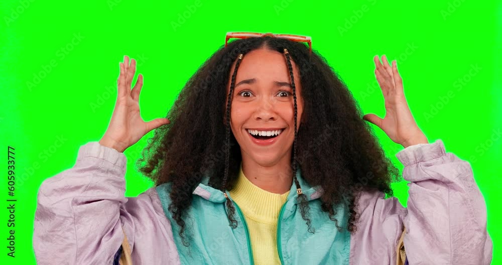 Video Stock Surprise, mind blown and face of a woman on a green screen