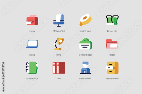 Office of web icons set in flat design. Pack of printer, chair, scotch tape, binder clip, laptop, lamp, identity badge, contact book, water cooler and other. Vector pictograms for mobile app interface