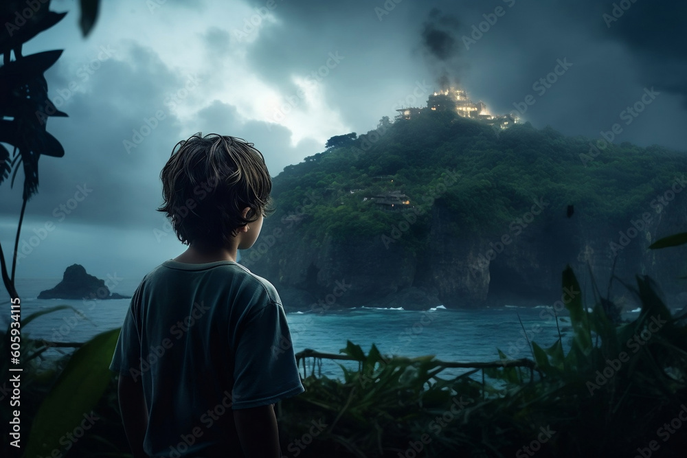 Fototapeta premium A boy in Mystical island Burning House. Mountain and river in background. Highlights the moody atmosphere. Generative AI