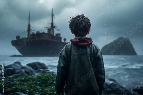 A boy in Mystical island. Standing before a River and a big Ship back view. Generative AI © SRITE KHATUN
