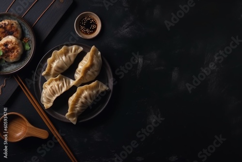 Gyoza dumplings on black background, top view, copy space, minimalism. AI generated