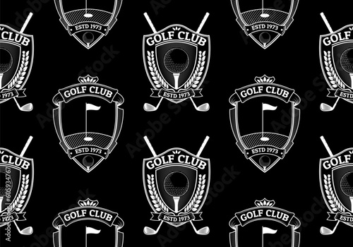 Golf seamless pattern or background with crossed golf clubs and ball on tee. Vintage shield emblem with laurel wreath and ribbon. Sport tournament or championship print design. Vector illustration.
