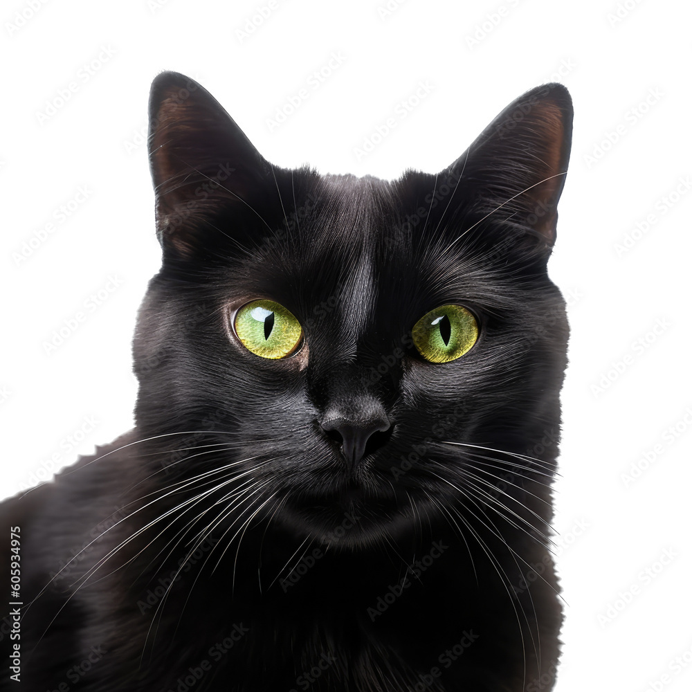 a Black cat with emerald green eyes, portrait, stealthily pet, piercing eyes, Pet-themed, photorealistic illustrations in a PNG, cutout, and isolated. Generative AI