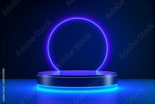 Step into the Future  A Sci-Fi Showcase with Abstract Shiny Blue Cylinder Pedestal Podium and Glowing Neon Lamp Lighting  Generative AI.