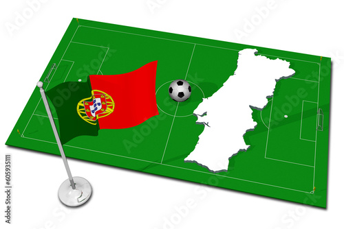 Portogallo. Bandiera nazionale con in primo piano pallone da calcio. Sport football - Illustrazione 3D.