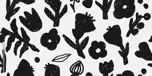 Trendy, modern floral pattern. Monochrome. Grunge, shabby elements texture. Vector seamless pattern. For print, design, wallpaper, fabric, paper, etc.
