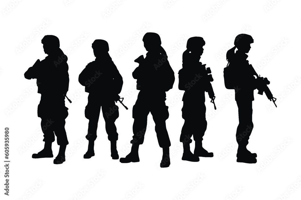 Female infantry with tactical gear standing in different position silhouette set vector. Girl soldiers with anonymous faces. Women army with weapon silhouette collection. Soldier girl silhouette.