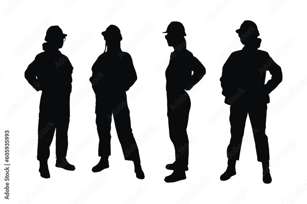 Female engineers and architects standing in different position silhouette set vectors. Girl engineers with anonymous faces. Architects wearing uniforms silhouette collection. Engineer girl silhouette.