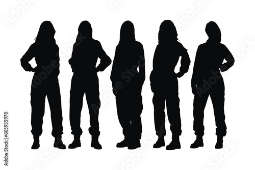 Female mechanics and workers standing in different position silhouette set vectors. Girl mechanics with anonymous faces. Workers wearing uniforms silhouette collection. Mechanic girl silhouette.