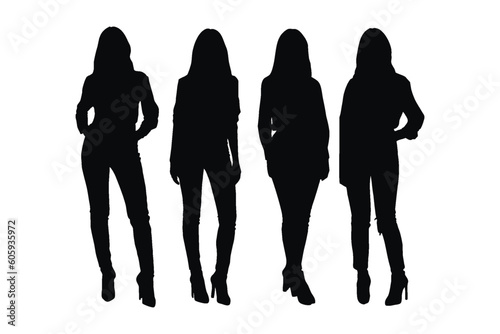 Female models and actors standing in different position silhouette set vectors. Girl models with anonymous faces. Actors wearing uniforms silhouette collection. Fashion designer girl silhouette.