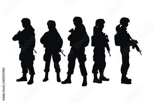 Female infantry with tactical gear standing in different position silhouette set vector. Girl soldiers with anonymous faces. Women army with weapon silhouette collection. Soldier girl silhouette.