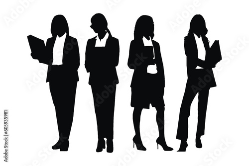 Female lawyers and counselors standing in different position silhouette set vectors. Girl lawyer with anonymous faces. Counselors wearing suits silhouette collection. Lawyer girl silhouette. photo