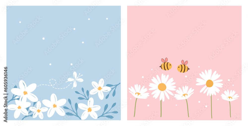 Cute flower, leaves and butterfly cartoon isolated on blue background. Daisy garden and bee cartoons isolated on pink background vector illustration. Mother's day or Valentine's day cards.