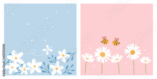 Cute flower, leaves and butterfly cartoon isolated on blue background. Daisy garden and bee cartoons isolated on pink background vector illustration. Mother's day or Valentine's day cards.