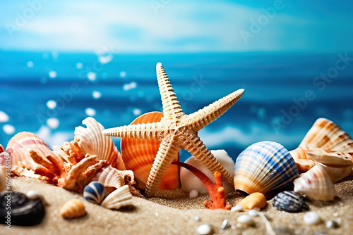 Nature's Treasures: Seashells and starfish Adorning Sandy Beach - Generative AI photo