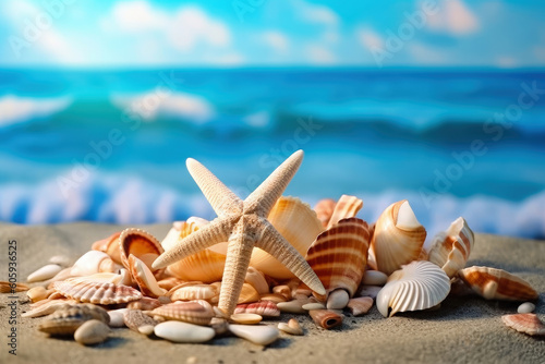 Coastal Delights: Seashells and starfish on Sandy Beach - Generative AI photo