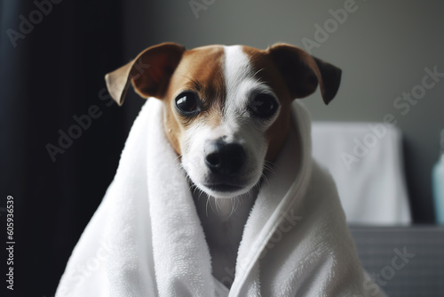Jack Russell Terrier dog in bathroom wrapped in white towel after washing, selective focus. Generative AI