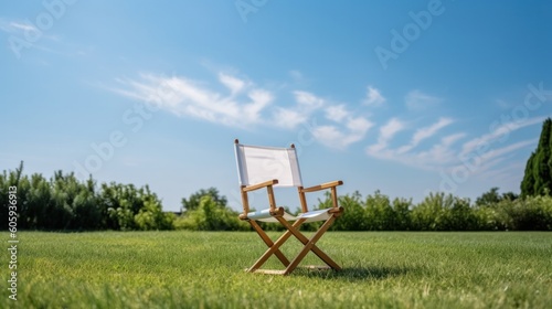 A canvas folding garden chair placed on the lawn, with a blue sky background. Generative AI. photo