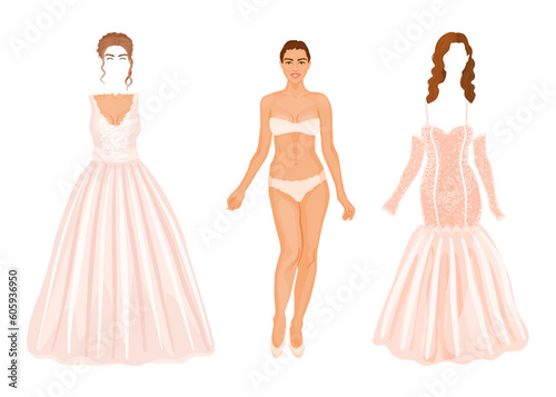 Beautiful bride character with wedding wardrobe and optional hairstyles. Paper doll with two white gowns, dress-up game.