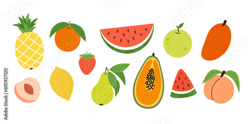 Fototapeta Naklejka Na Ścianę i Meble -  Set of different tropical fruits and berries. Collection of ripe vitamin organic vegetarian food. Colored flat vector illustration isolated on white background. 