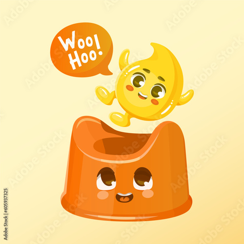 Drop of urine falls into a baby pot. Cheerful cartoon character.