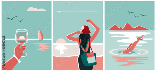 A set of conceptual illustrations in teal colour representing summer season, enjoying life, dreaming. Female at the seaside, diving, holding a glass of champagne.