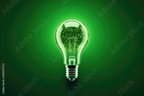 A lightbulb against a green background. Concept motif on the theme of green energy, alternative energy and green electricity.