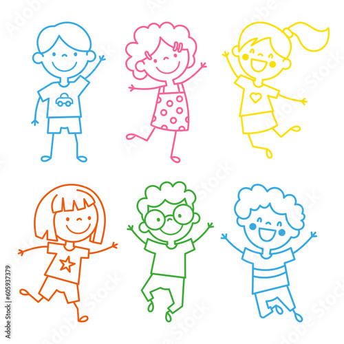 Colorful set of cartoon character Boys and Girls outline style. Collection happy Children. Little Kids joy jump. Vector illustration isolated on white background