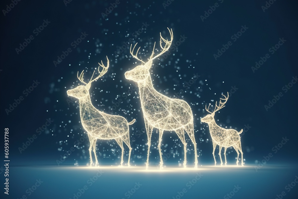 A magic festive reindeer family covered in glowing lights, in a winter scene A magic festive reindeer family covered in glowing lights, in a winter scene
