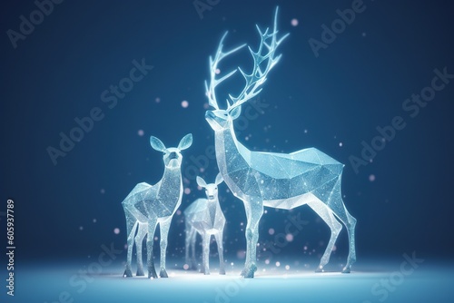A magic festive reindeer family covered in glowing lights, in a winter scene