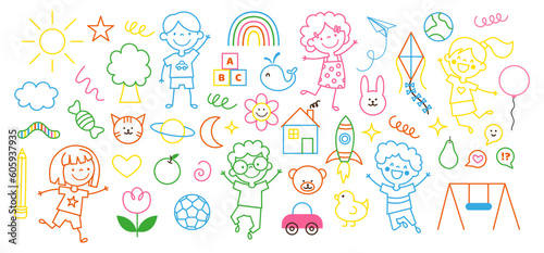 Colorful big of set Children cartoon icon doodle style. Collection outline of Boys, Girls, Toys, Animals. Childish coloring Kindergarten. Vector simple elements isolated on white background