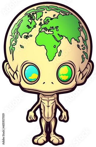 Alien with a globe for a head sticker. Colonizer of the earth